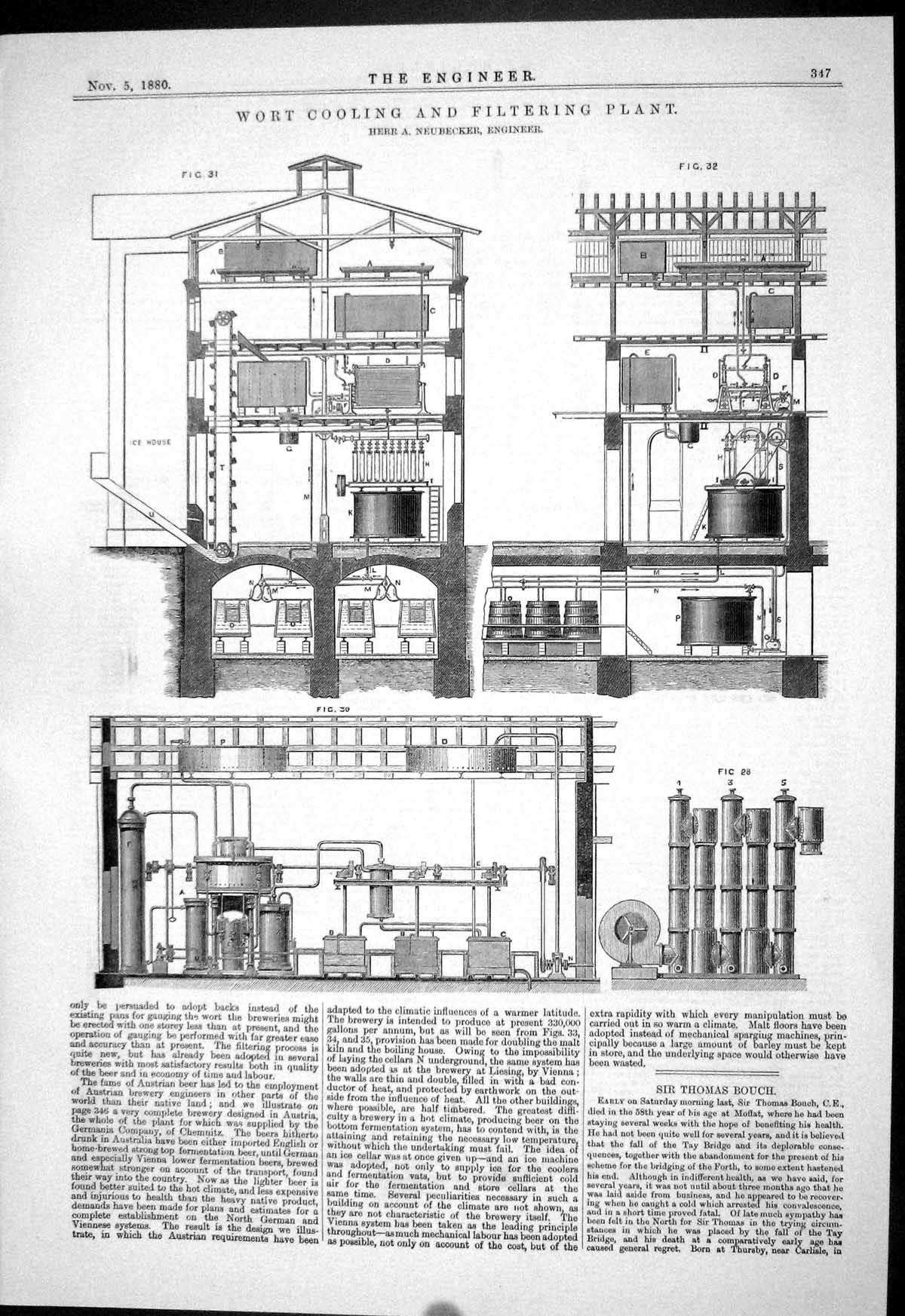 Antique Old Print 1880 Wort Cooling Filtering Plant Herr Neubecker Machinery