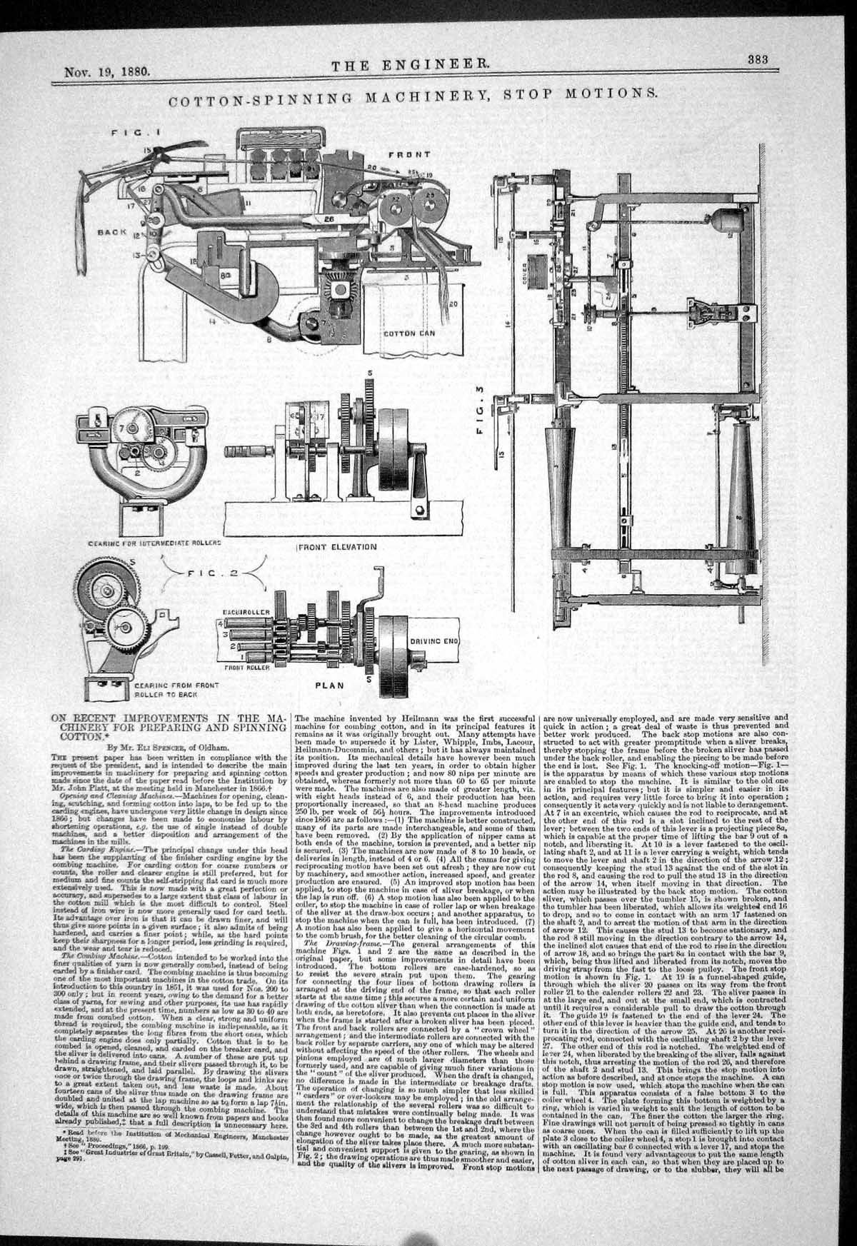 Antique Print 1880 Cotton Spinning Machinery Stop Motions Drilling Ransome 19th
