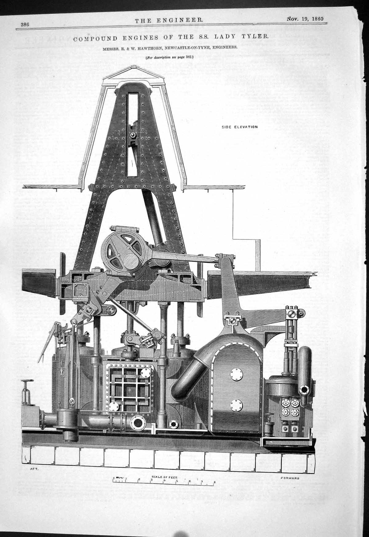 Antique Old Print Compound Engines S.S. Ship Lady Tyler Hawthorn Machine 1880