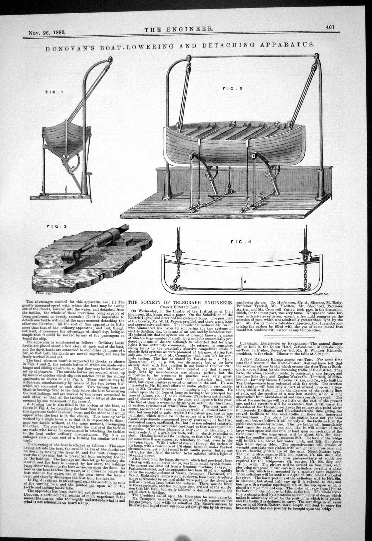Antique Old Print Engineering 1880 Donovan Boat-Lowering Detaching Apparatus
