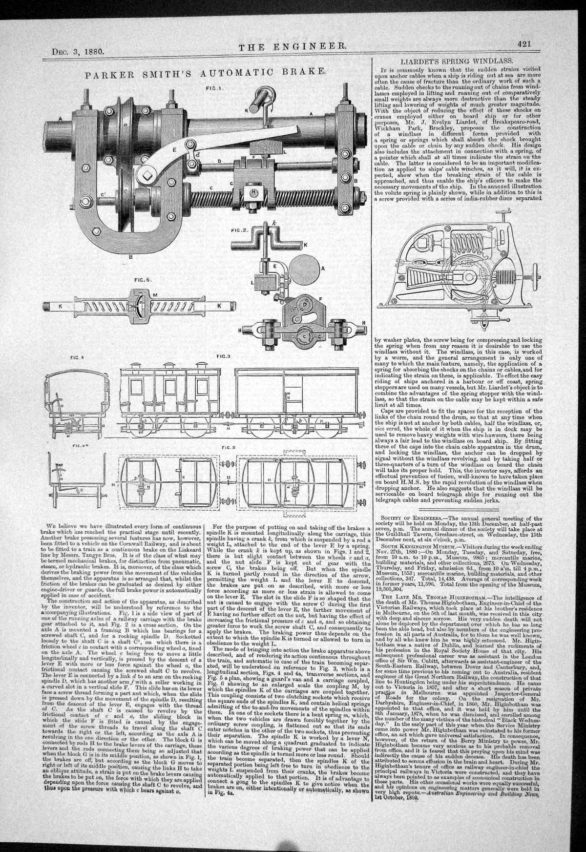 Antique Old Print 1880 Parker Smith Automatic Break Llardett Spring Windlass