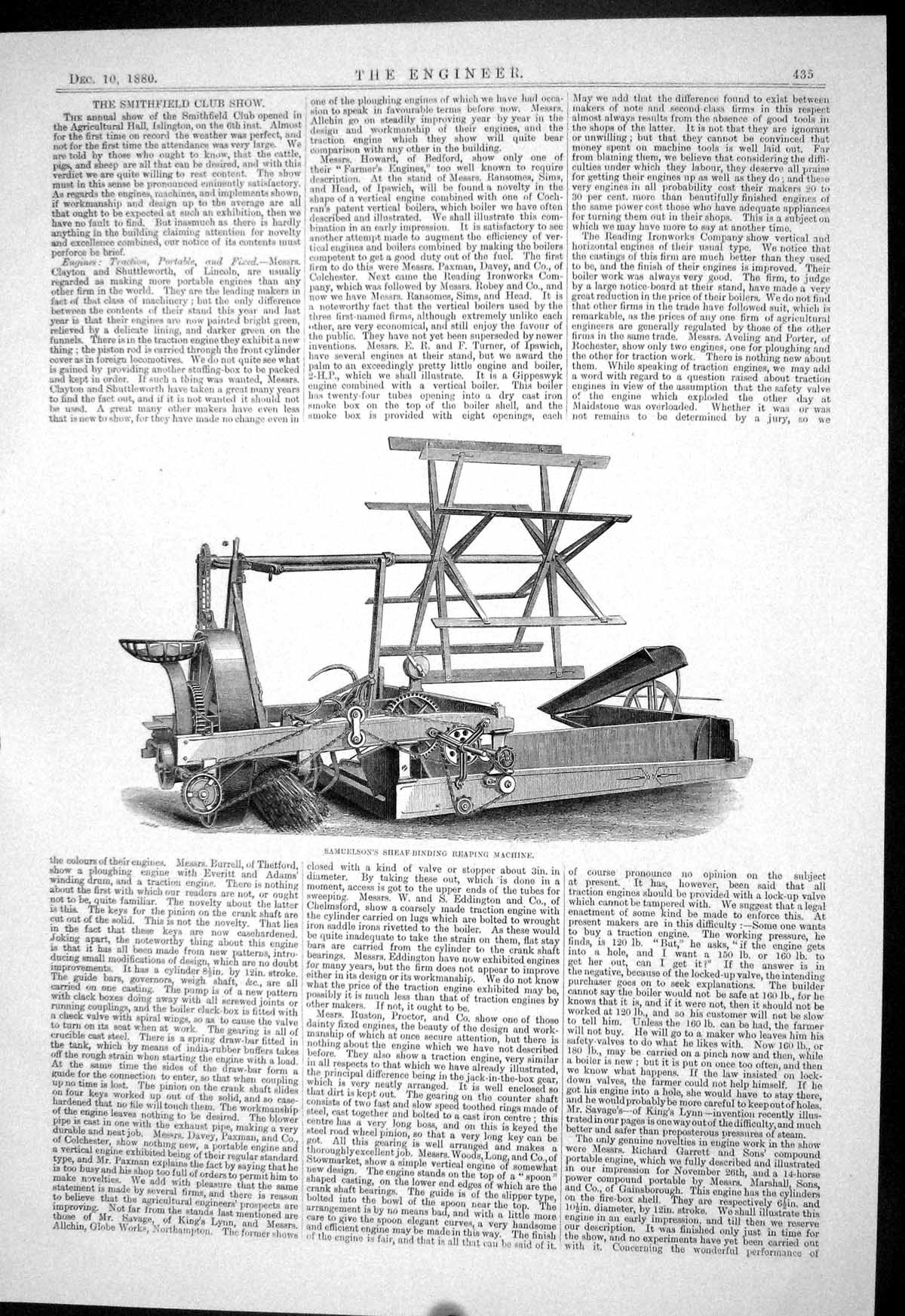 Antique Print 1880 Samuelson Sheaf-Binding Reaping Machine Smithfield Club 19th