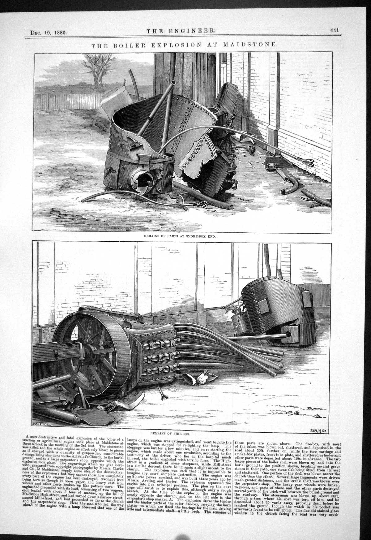 Old Engineering 1880 Boiler Explosion Maidstone Smoke-Box End Fire-Bo Victorian