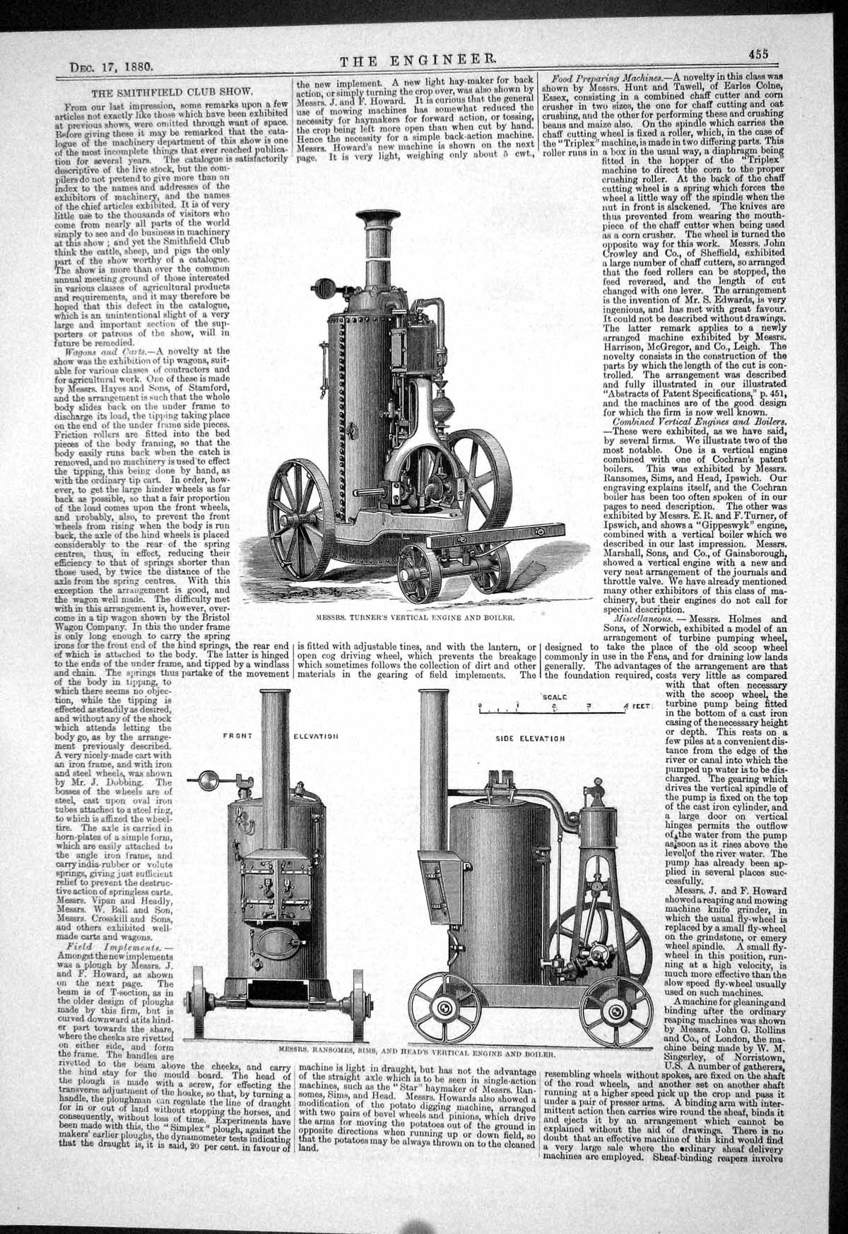 Old Print 1880 Turner Vertical Engine Boiler Ransomes Sims Howard Plough 19th