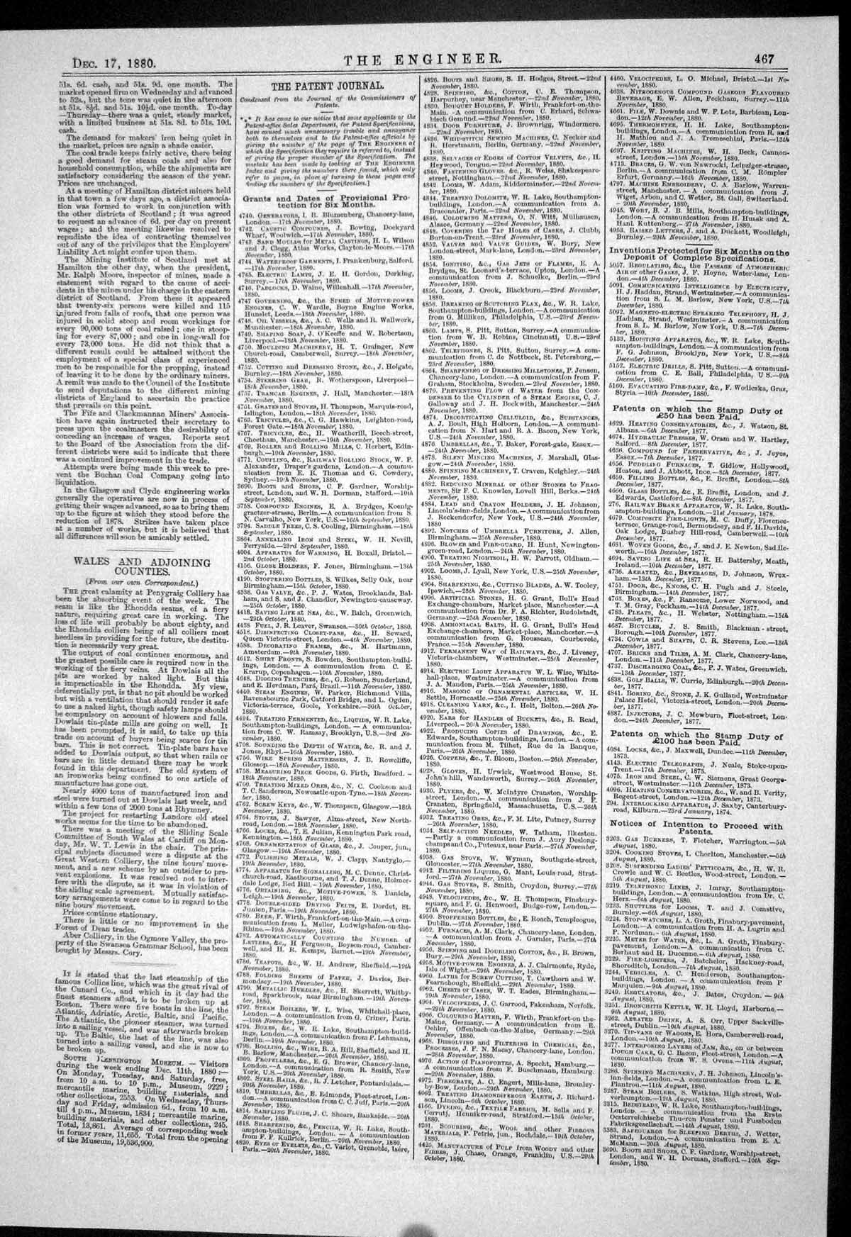 Antique Old Print 1880 Patents Hopkinson Glover Edmonds Windle Allison Cooke