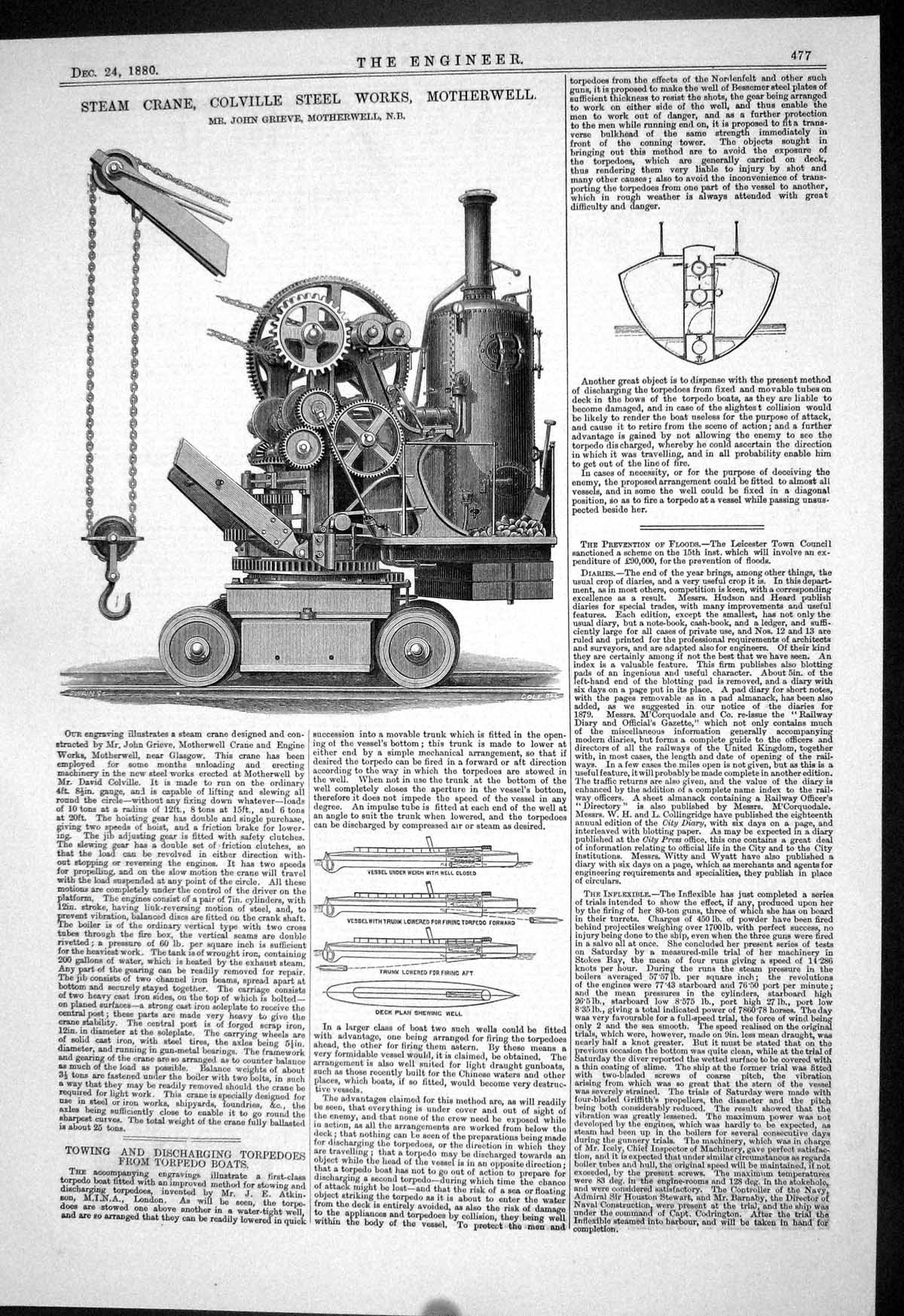 Antique Print 1880 Steam Crane Colville Steel Works Motherwell John Grieve 19th
