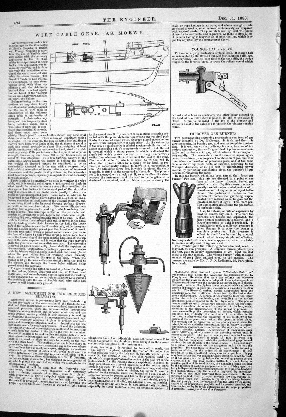 Old Print 1880 Wire Cable Gear Ship S.S. Moewe Surveying Instrument Young 19th