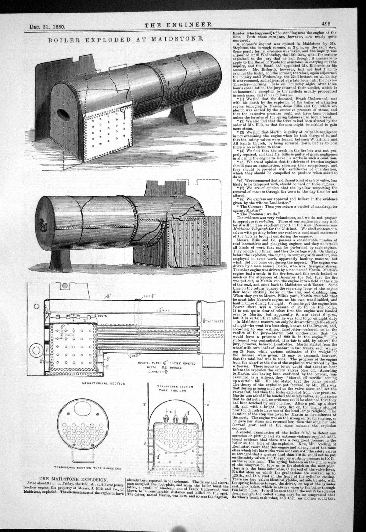 Old Engineering 1880 Boiler Exploded Maidstone Ellis Transverse Secti Victorian