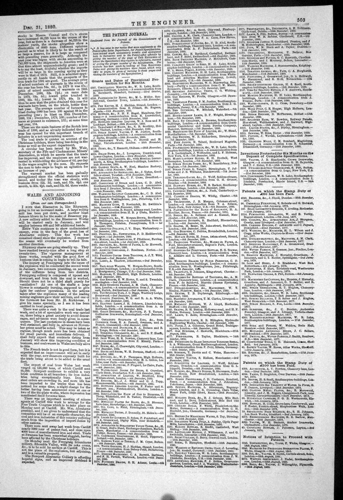 Antique Old Print 1880 Patents Pieper Ramsden Stone Weldon Machinery Sombart