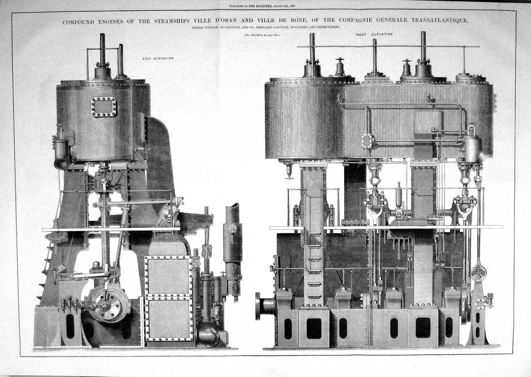 Old Engineering 1880 Compound Engines Steam Ships Ville D'Oran Richar 19th