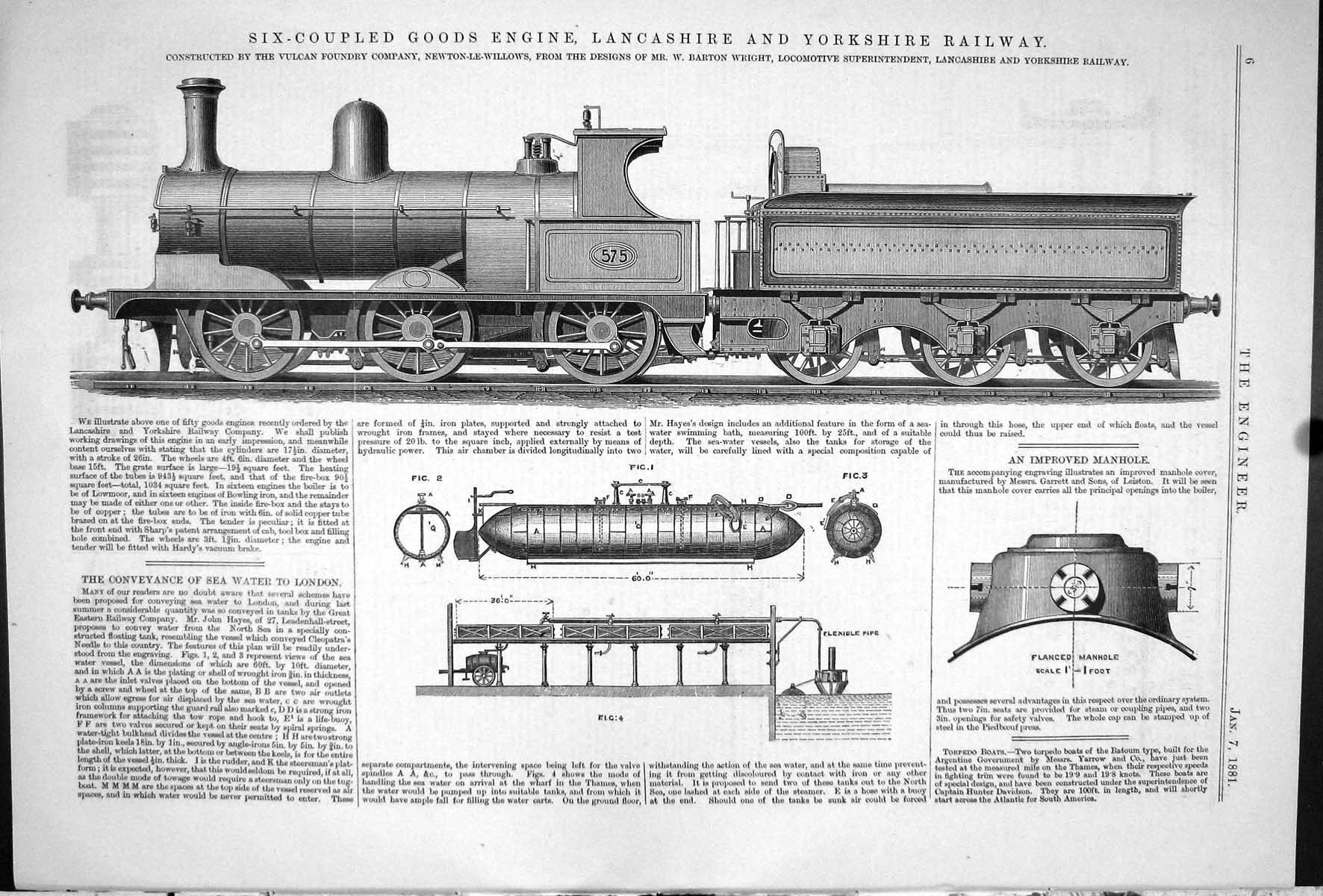 Antique Print 1881 Goods Engine Lancashire Yorkshire Railway Barton Wright 19th