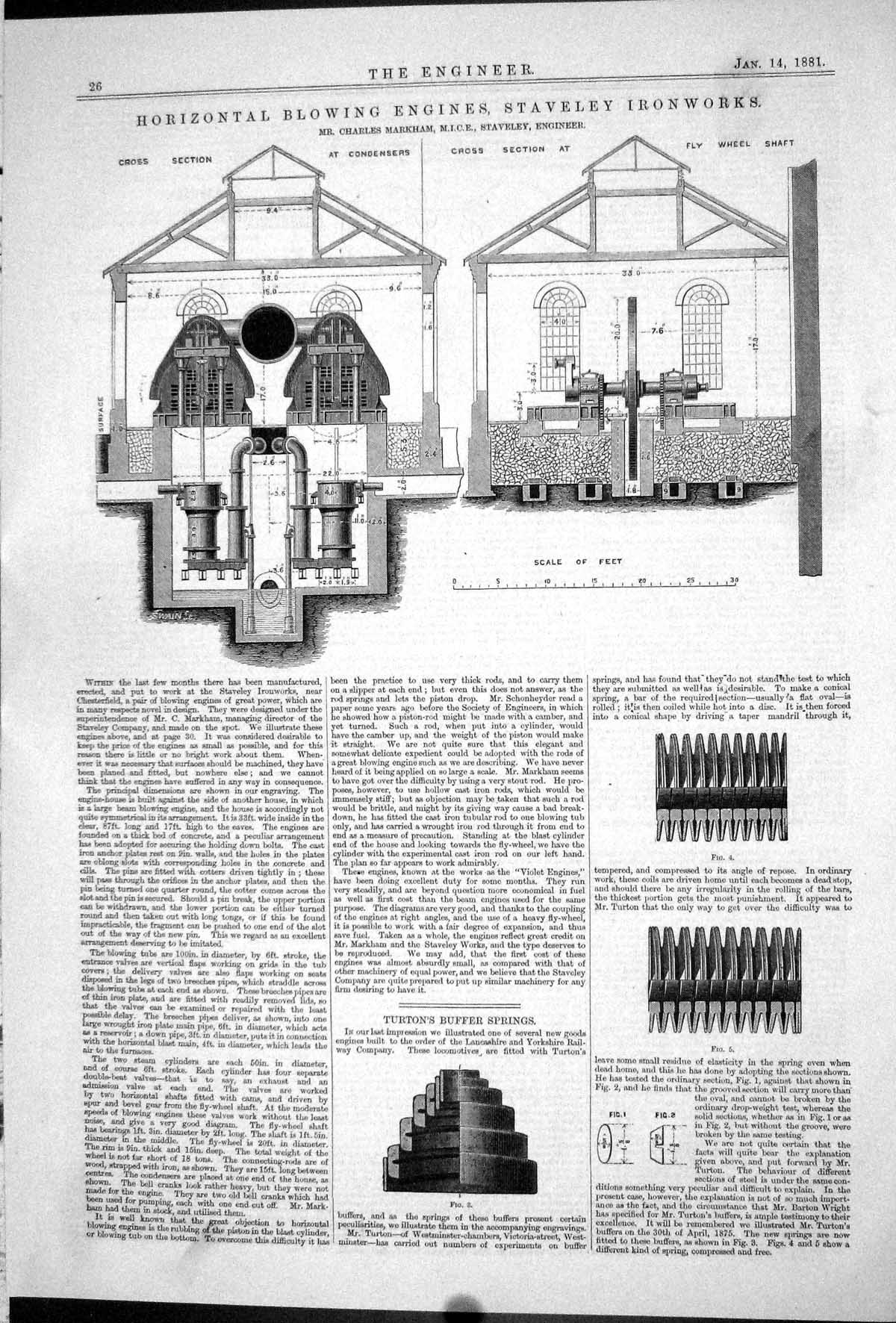 Antique Old Print Horizontal Blowing Engines Staveley Ironworks Markham 1881