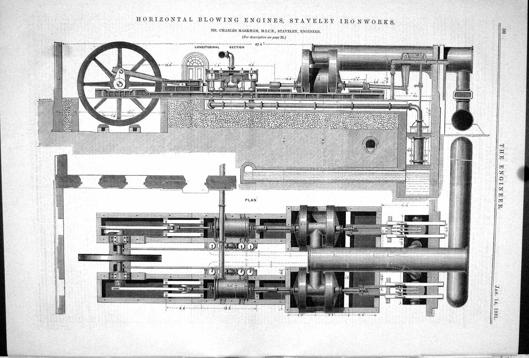 Antique Old Print 1881 Horizontal Blowing Engines Staveley Ironworks Markham