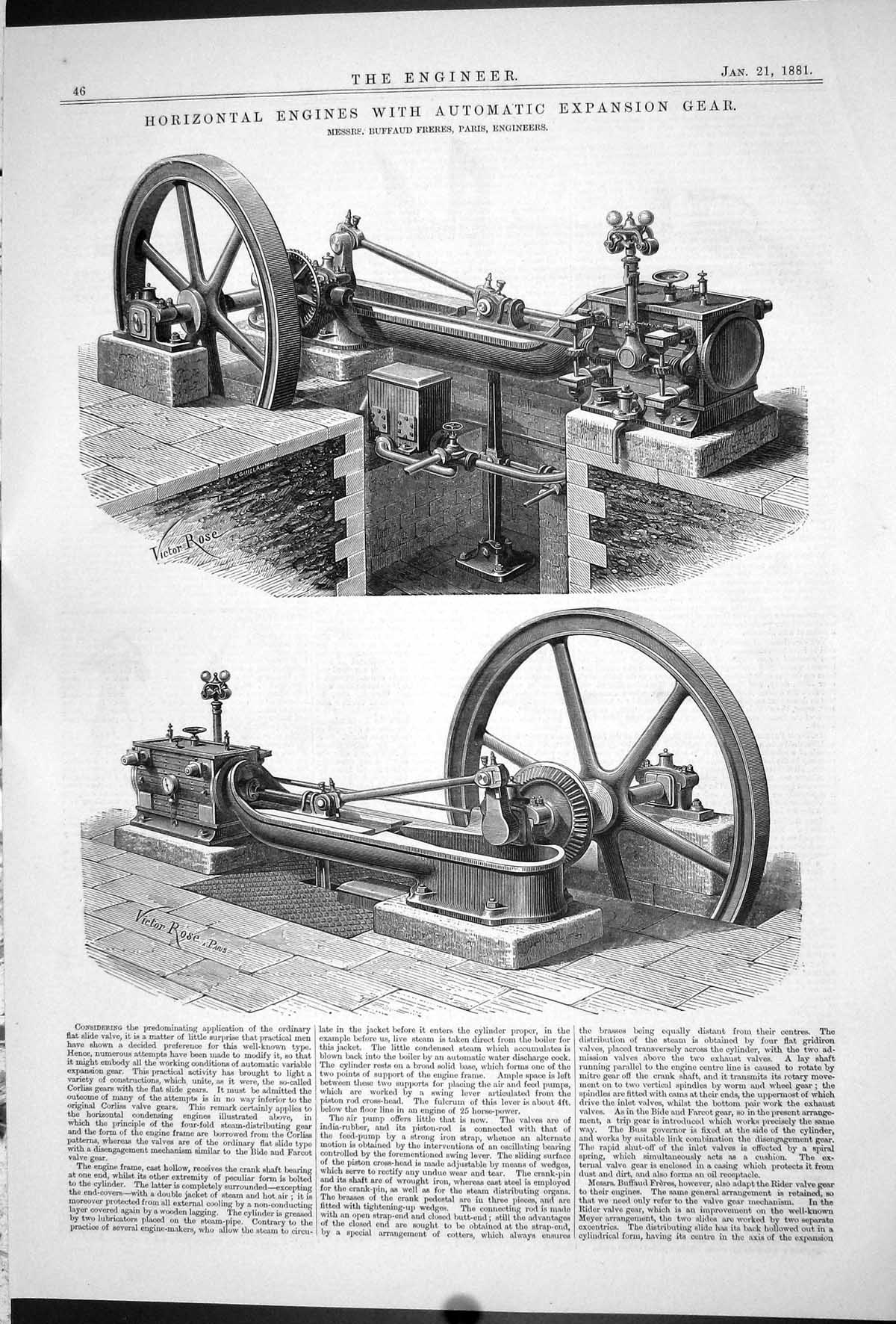 Old Print 1881 Horizontal Engines Automatic Expansion Gear Buffaud Freres 19th