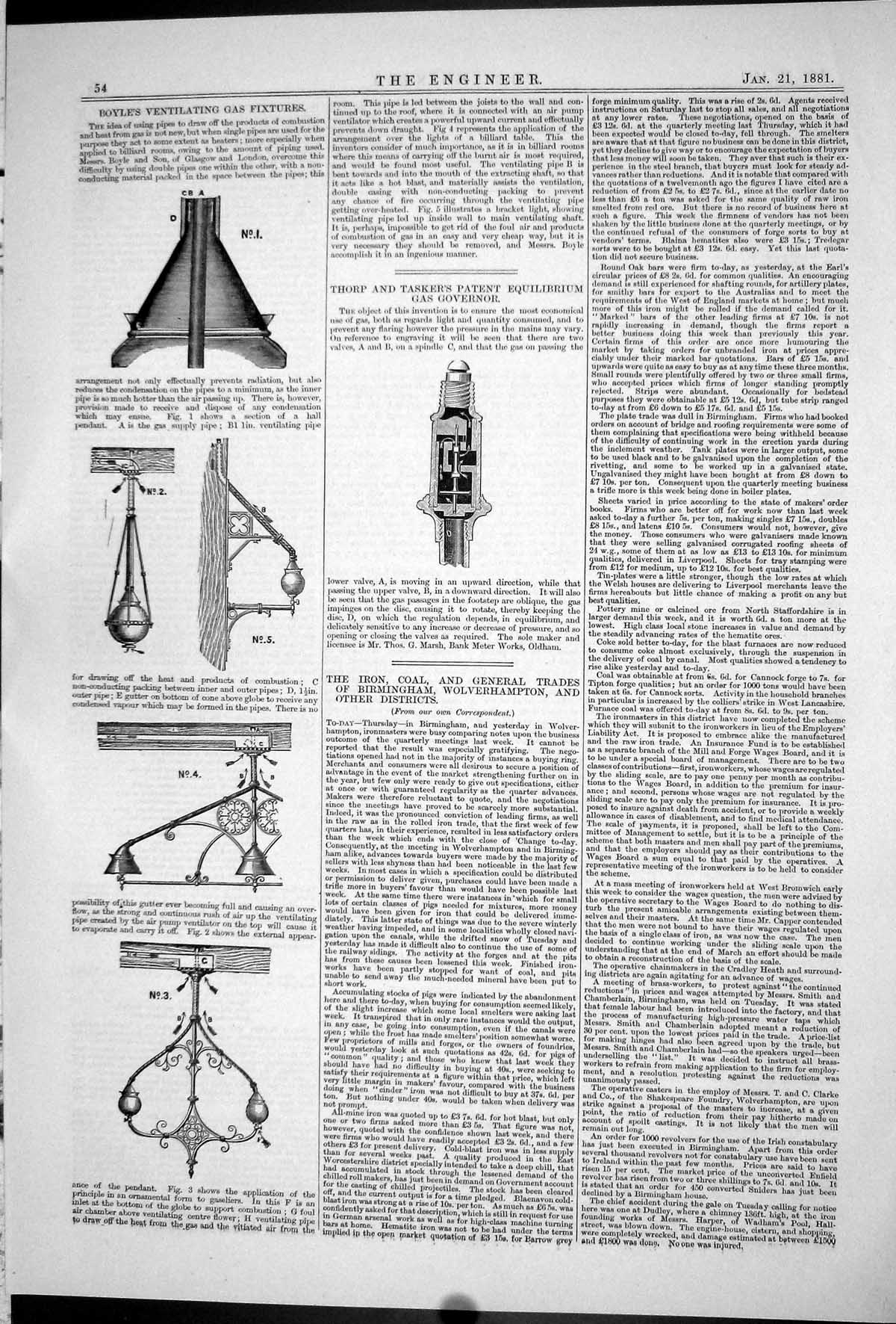 Antique Print 1881 Boyle Ventilating Gas Fixtures Thorp Tasker Gas Governor