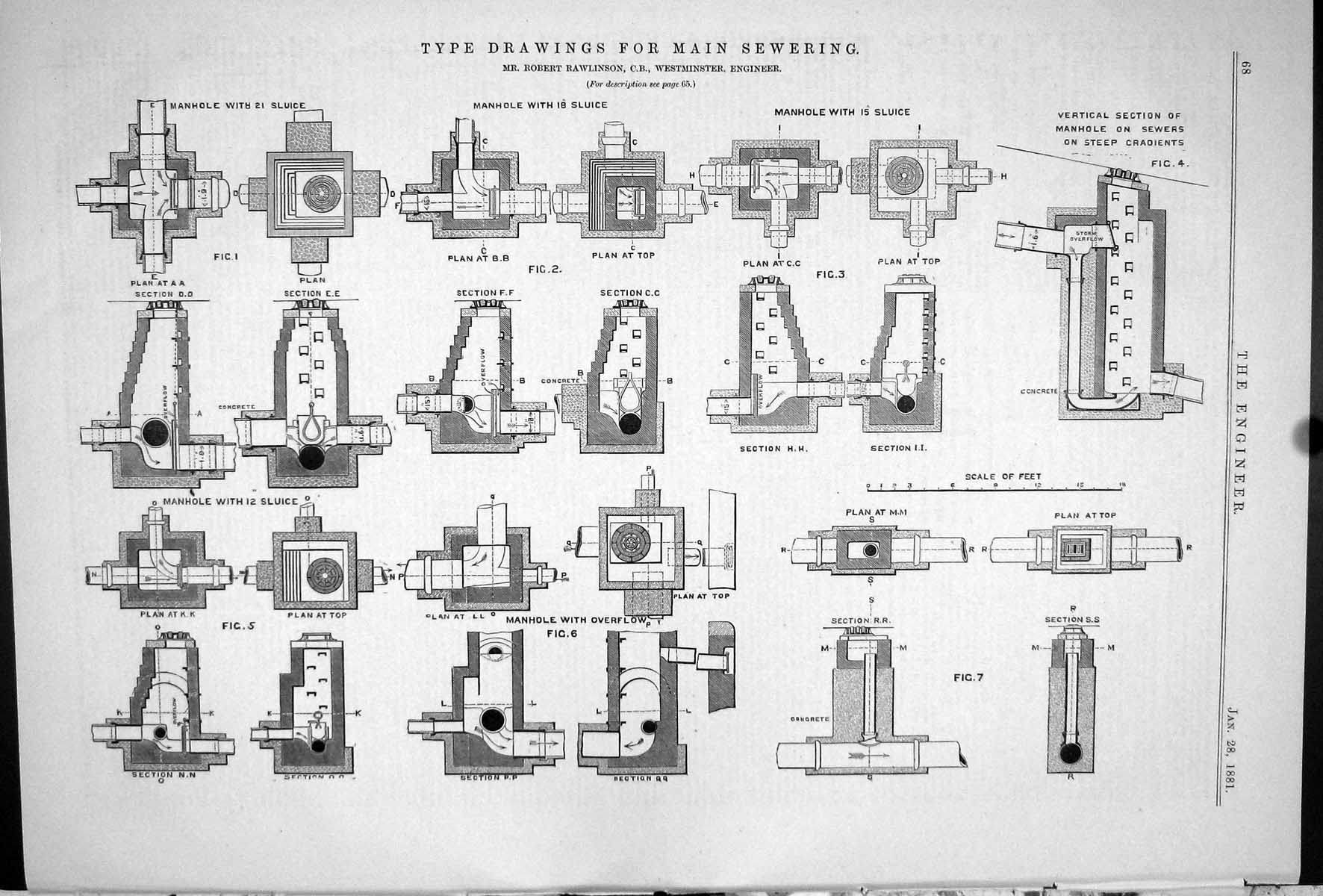 Antique Old Print 1881 Drawings Main Sewering Robert Rawlinson Manhole Sluice