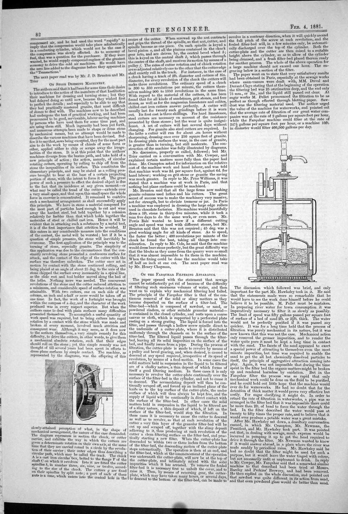 Antique Old Print 1881 Farquhar Filtering Apparatus Stone Dressing Machinery