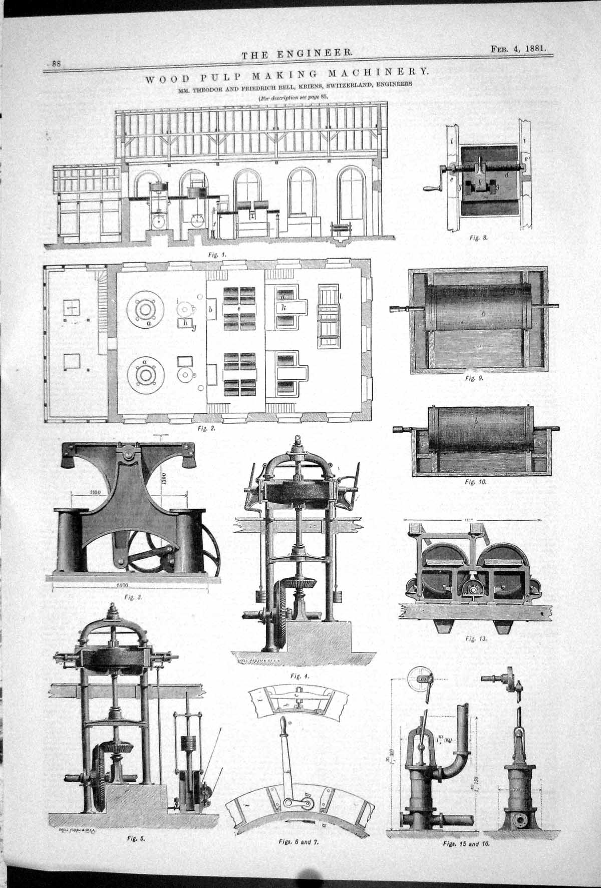 Antique Print 1881 Wood Pulp Making Machinery Theodor Friedrich Bell Kriens