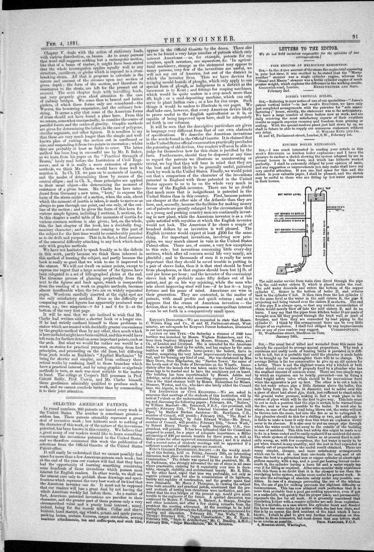 Old Print 1881 Kitchen Boiler Explosions Diagram Hot Water Level Ball Tap 19th