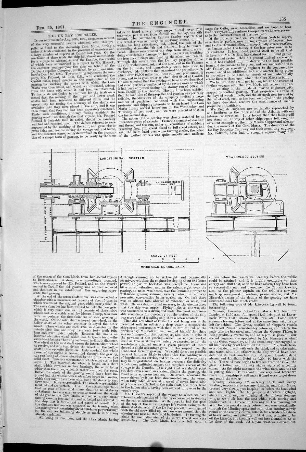 Antique Old Print 1881 Mitre Gear Ship Cora Maria Diagrams Transverse Section
