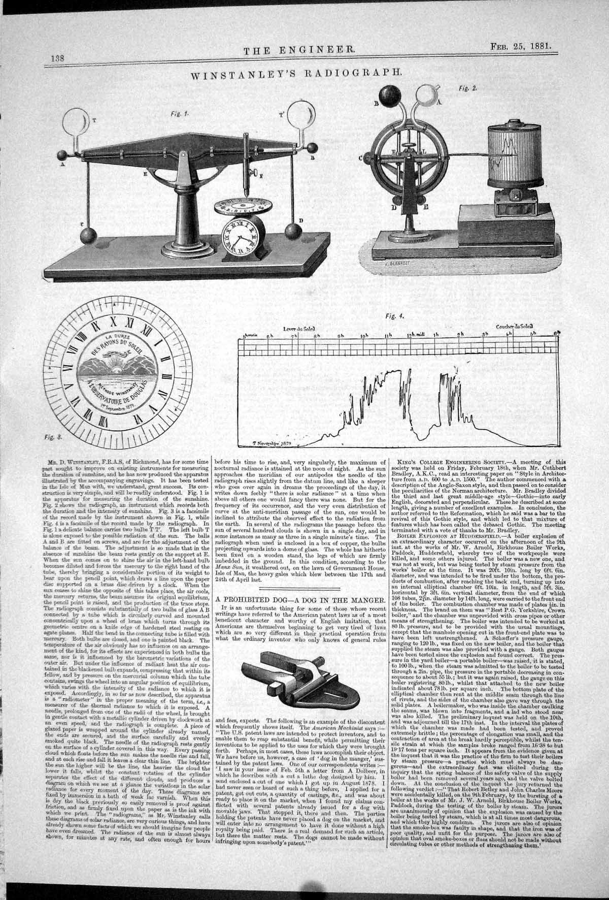 Antique Old Print 1881 Winstanley Richmond Radiograph Instruments Dog Manger