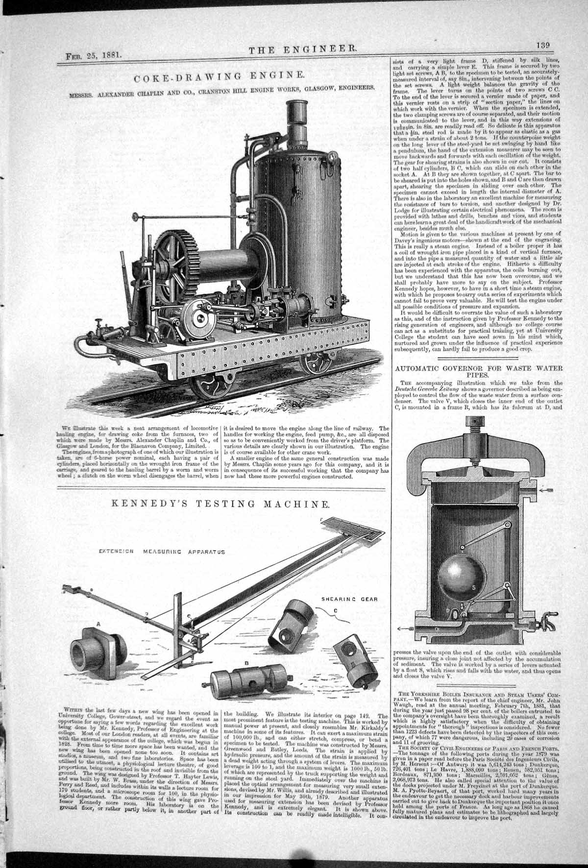 Antique Print 1881 Coke-Drawing Engine Chaplin Kennedy Testing Water Pipes 19th