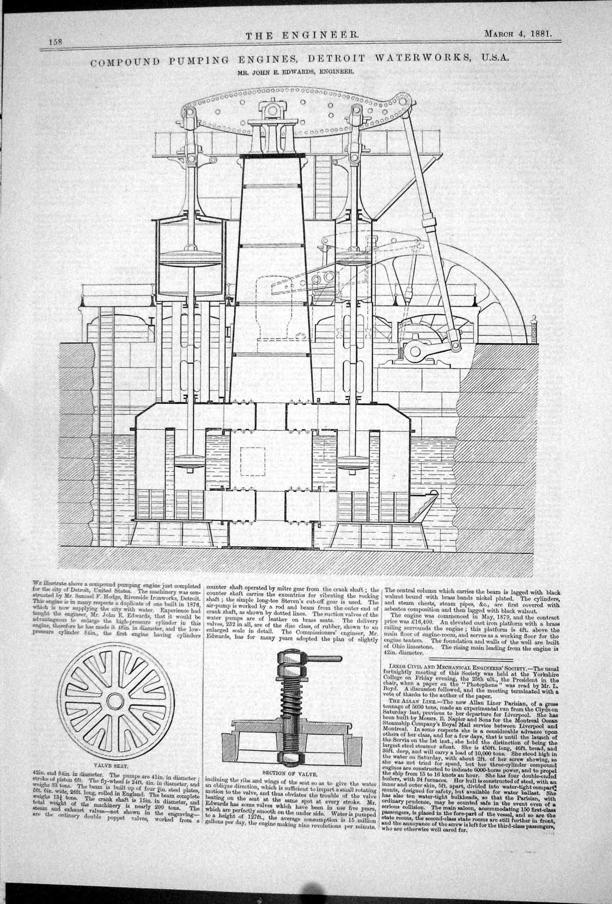 Antique Print 1881 Compound Pumping Engines Detroit Waterworks John Edwards