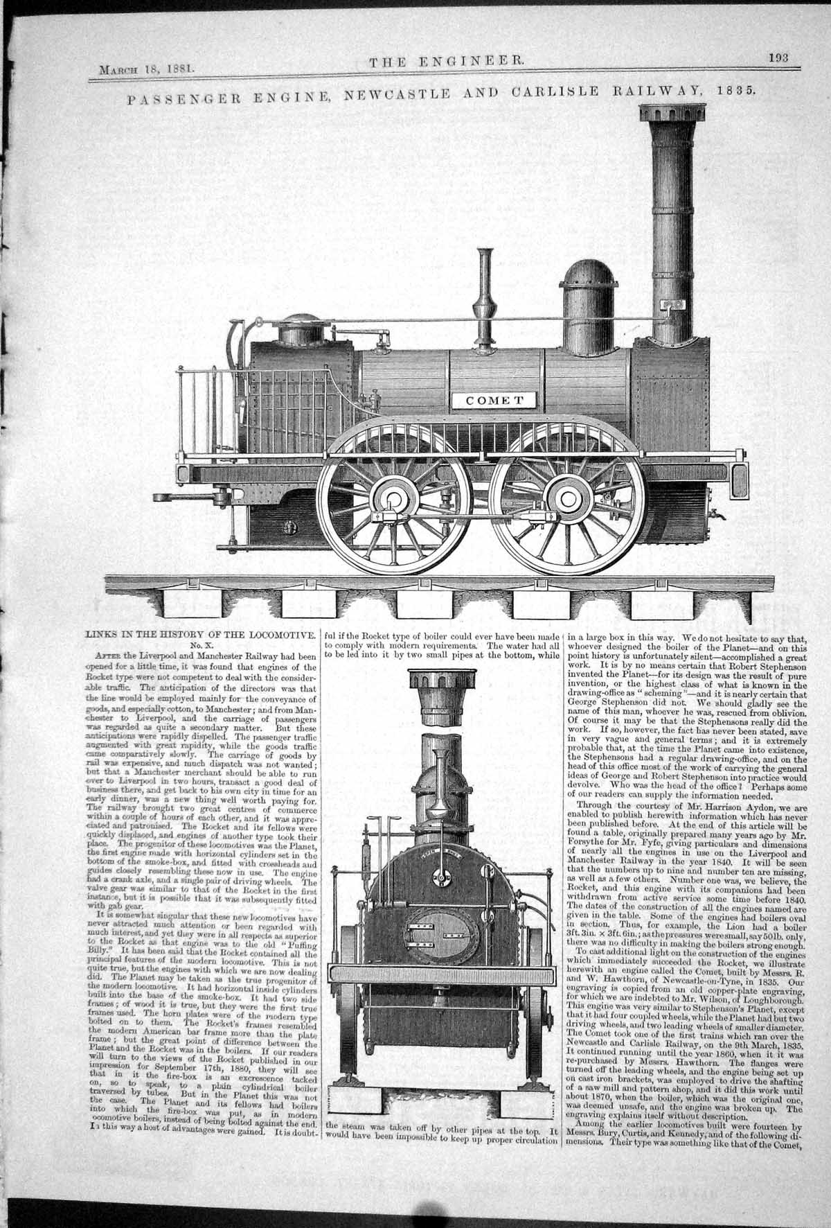 Antique Old Print 1881 Pasenger Engine Train Newcastle Carlisle Railway Comet