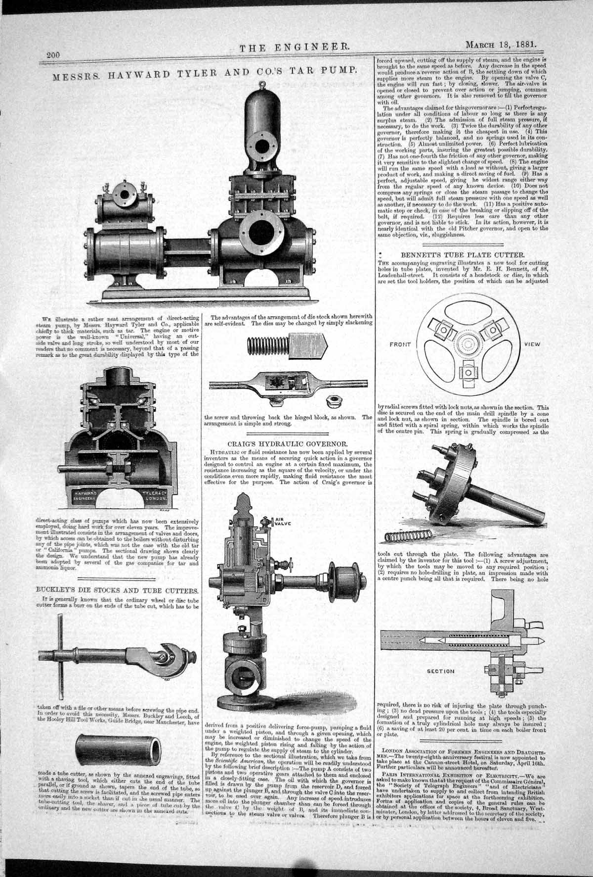 Antique Print 1881 Hayward Tyler Tar Pump Craig Hydraulic Governor Buckley 19th
