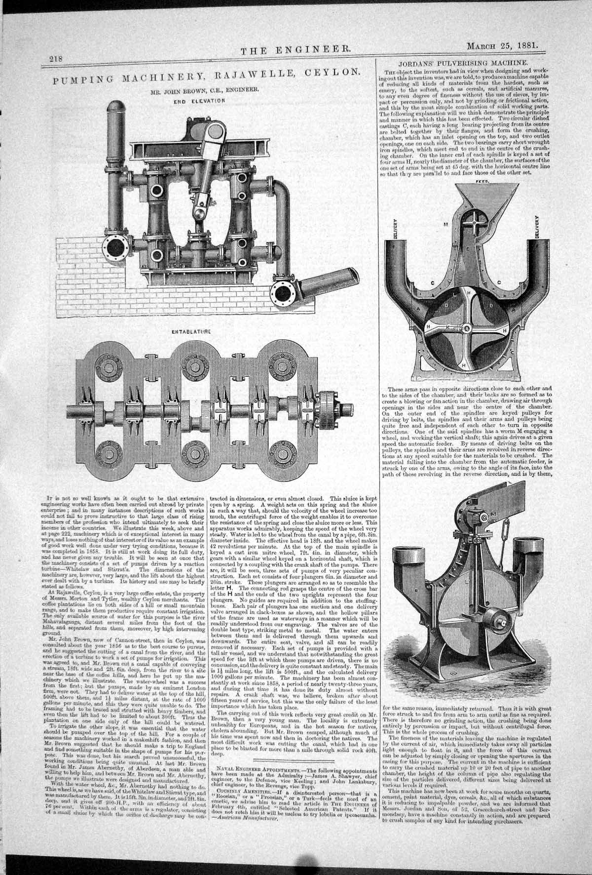 Old Print Pumping Machinery Rajawelle Ceylon John Brown Engineering 1881 19th