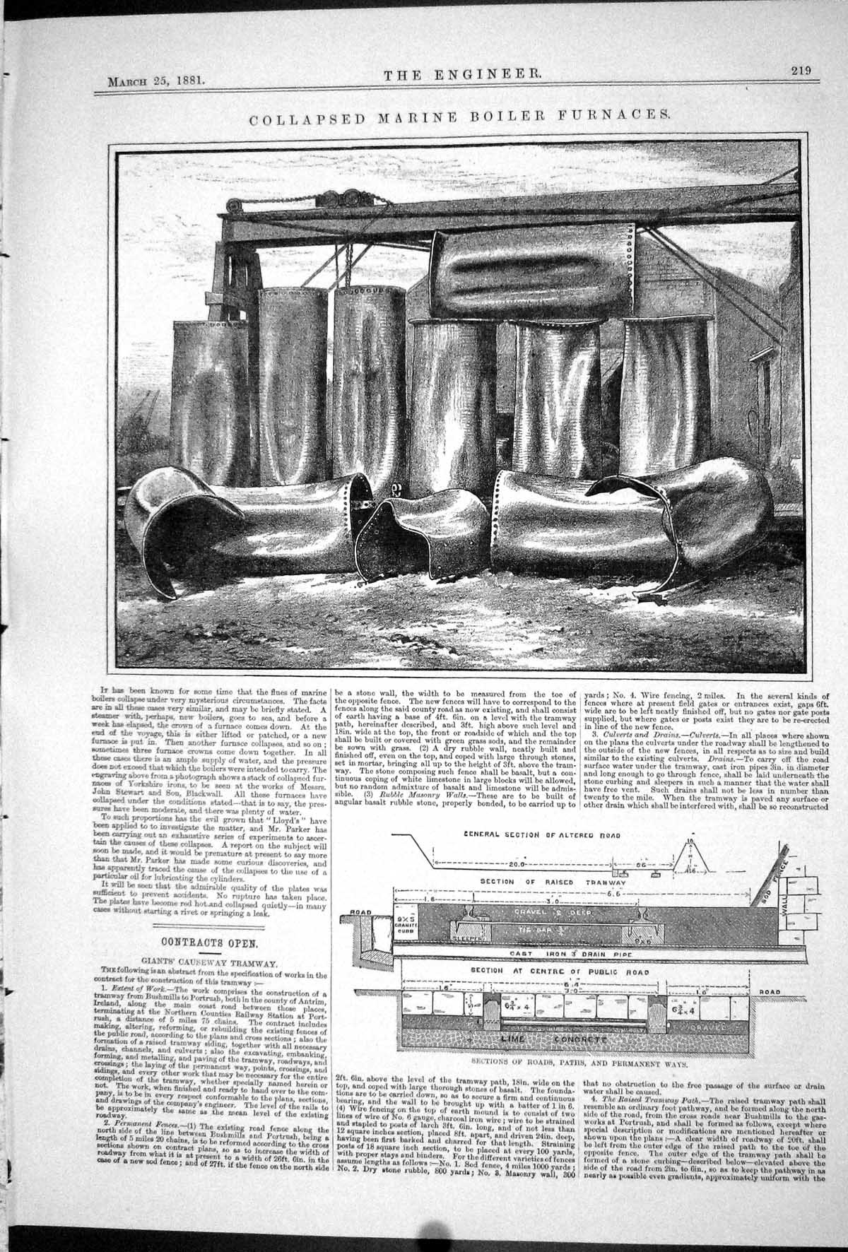 Antique Print 1881 Collapsed Marine Boiler Furnace Permanent Way Telephone 19th