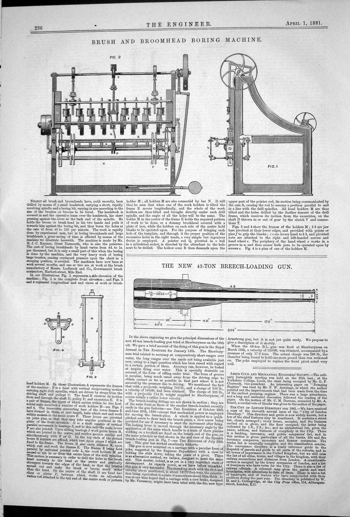 Antique Print 1881 Brush Broomhead Boring Machine 43-Ton Breech-Loading Gun