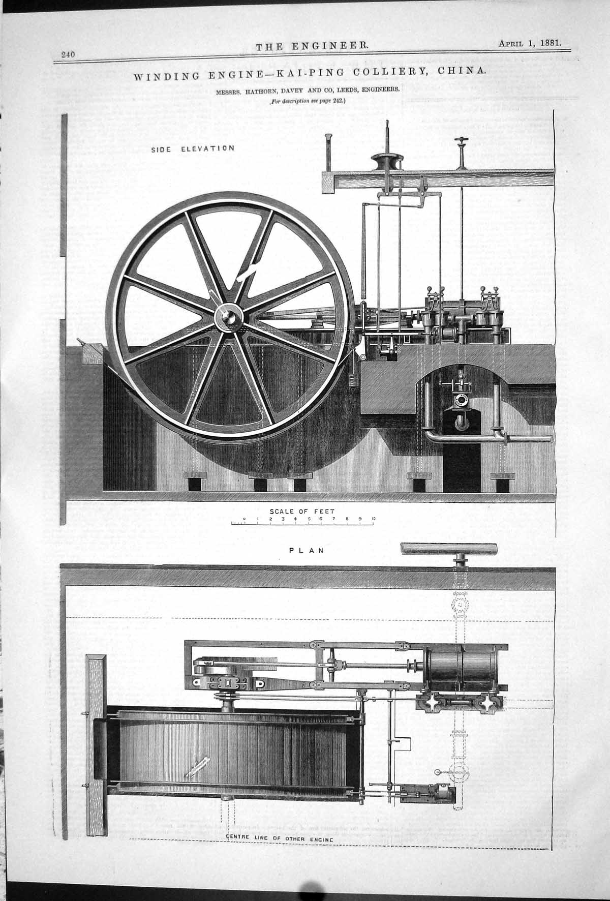 Old Print 1881 Winding Engine Kai-Ping Colliery China Hathorn Davey Leeds 19th