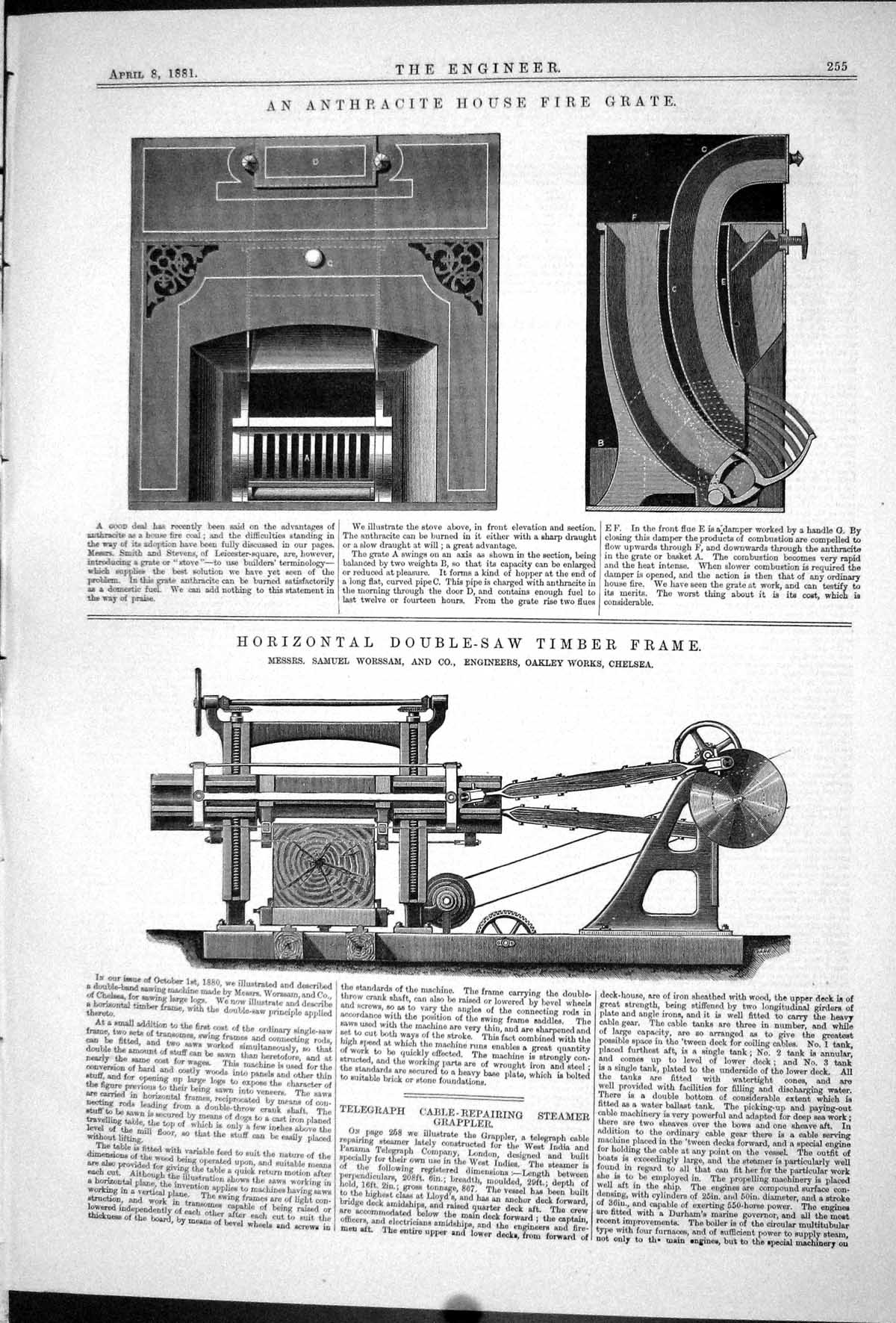 Antique Old Print 1881 Anthracite House Fire Grate Worssam Double-Saw Oakley