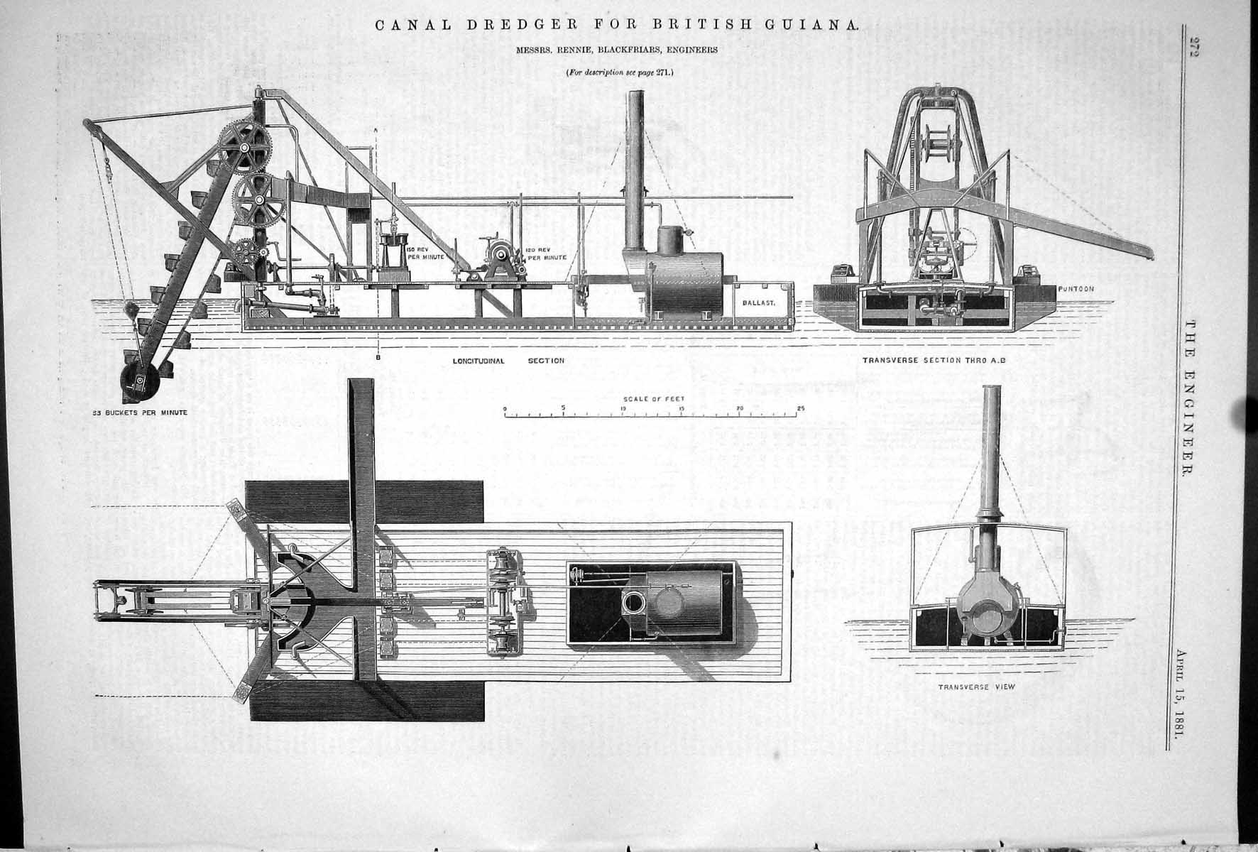 Old Print Canal Dredger British Guiana 1881 Rennie Blackfriars Machinery 19th