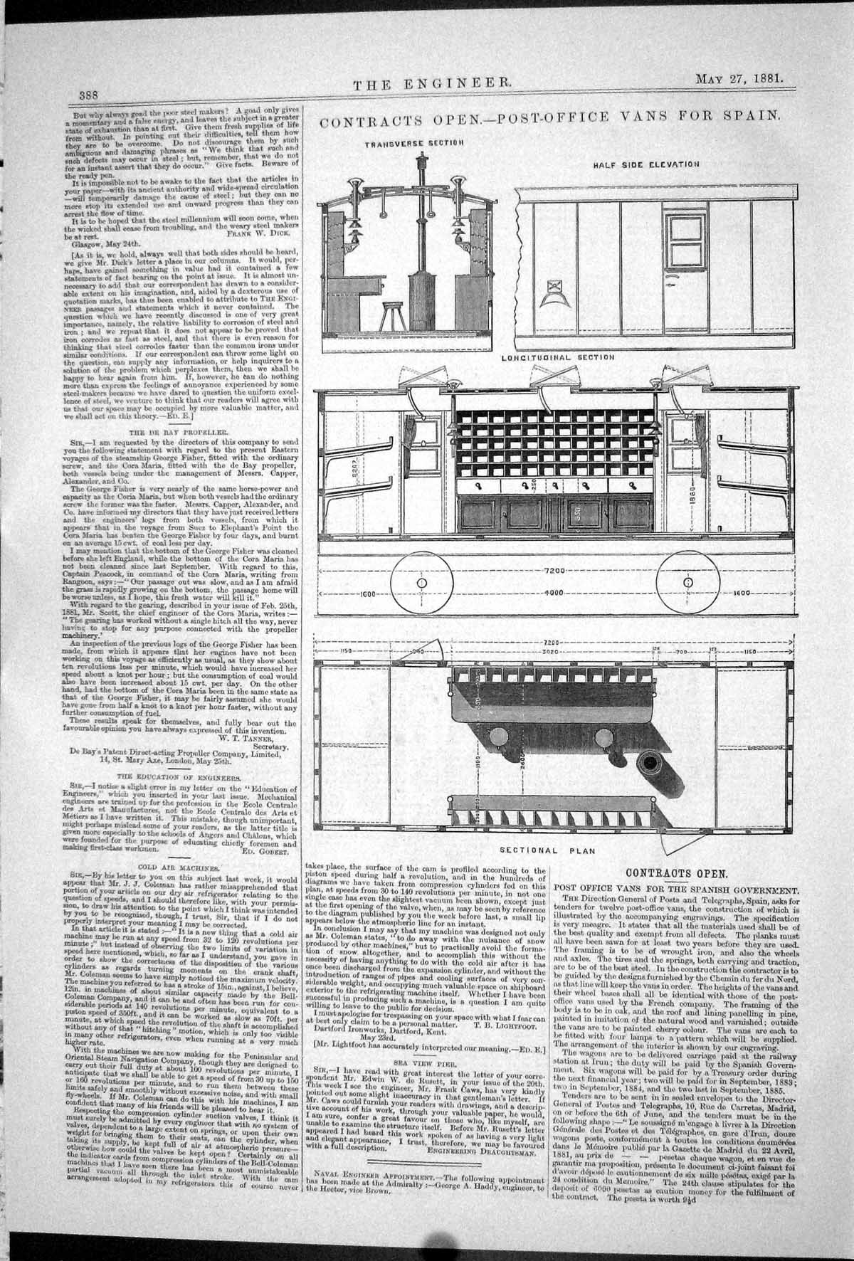 Old Engineering 1881 Contracts Open Post-Office Vans Spain Plan Diagr Victorian
