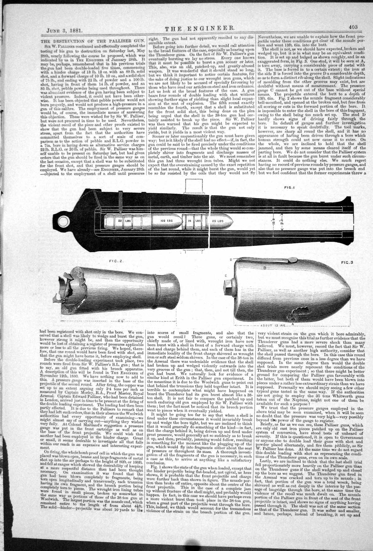 Antique Old Print Engineering 1881 Destruction Palliser Hun Weapons Bullets