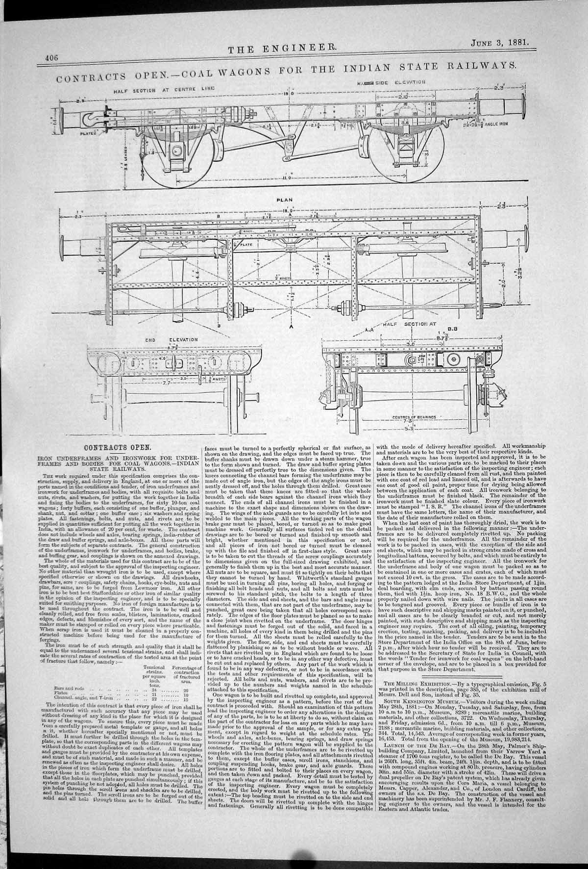 Antique Print Coal Wagons Indian State Railway Ironwork 1881 Contracts Open