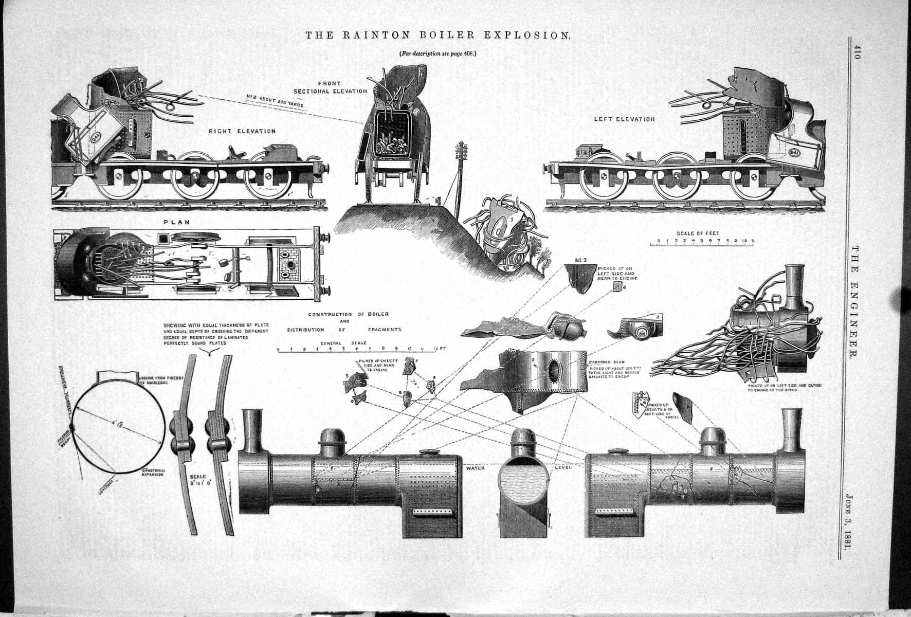 Antique Old Print 1881 Rainton Boiler Explosion Machinery Construction Boiler