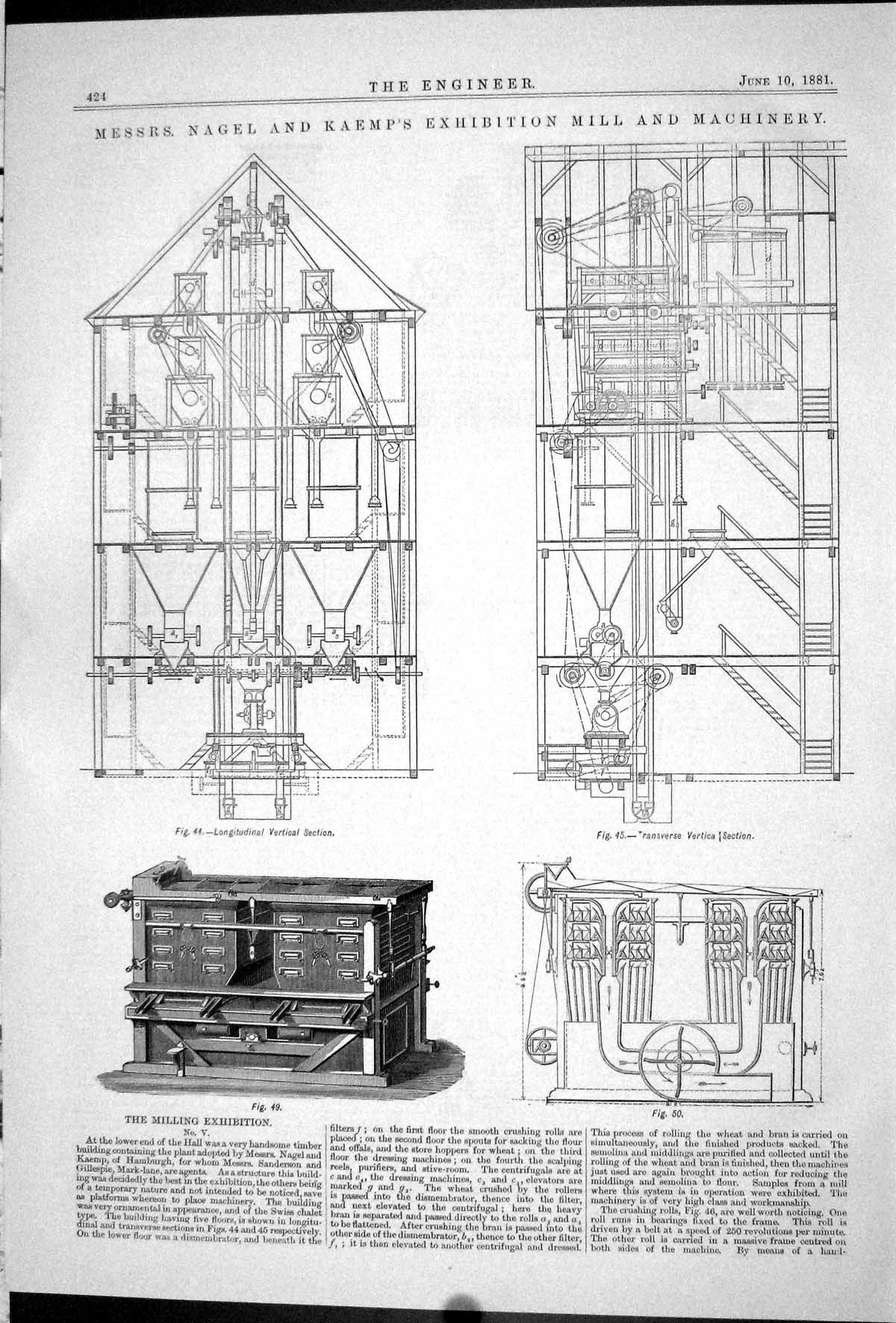 Antique Old Print 1881 Nagel Kaemp Exhibition Mill Machinery Vertical Section