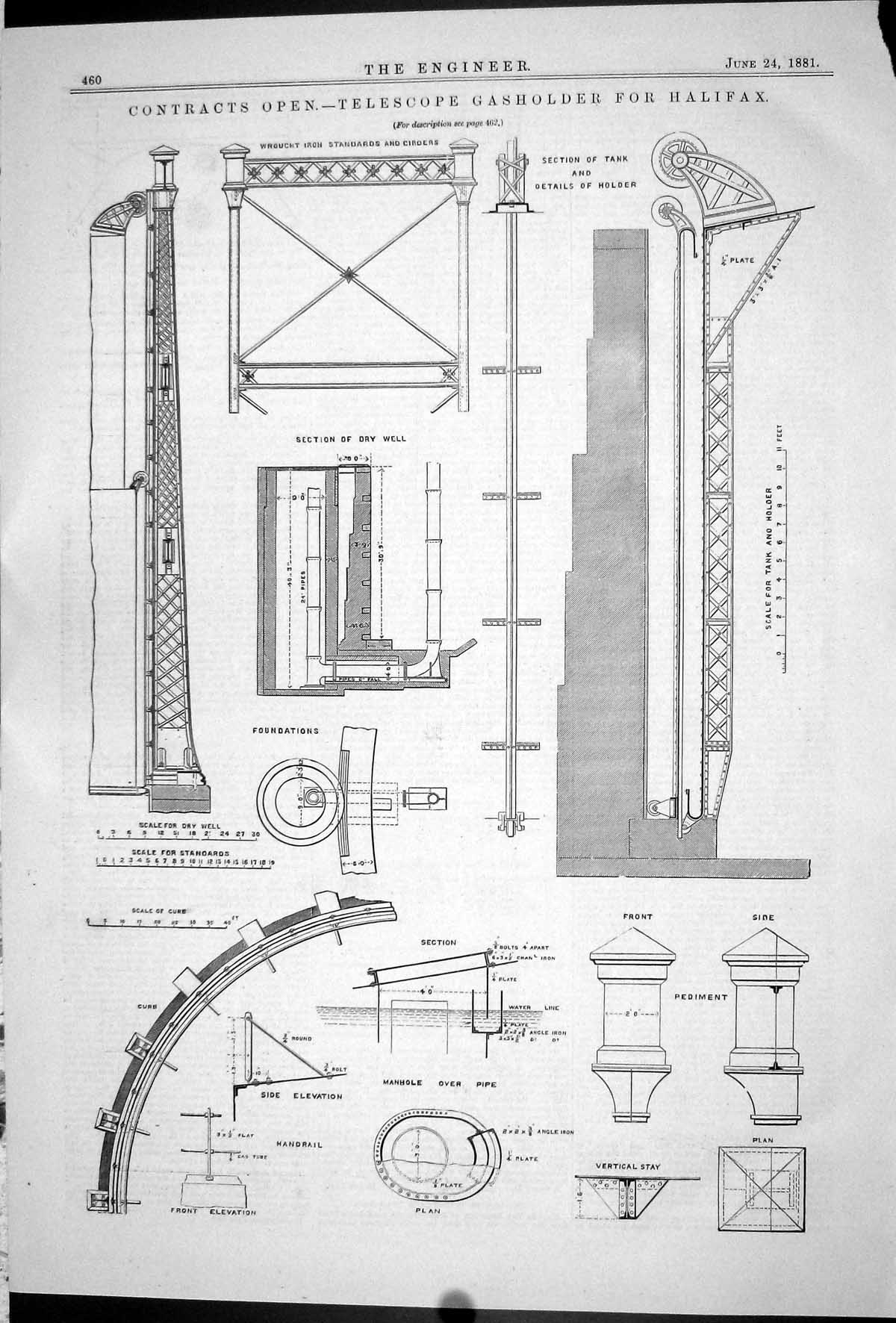Antique Print 1881 Telescope Gasher Halifax Pediment Girders Wrought Iron 19th