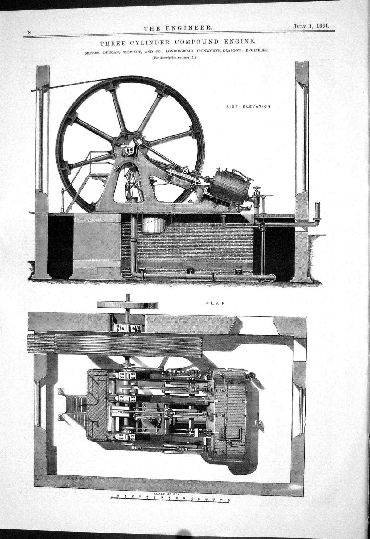 Antique Print 1881 Three Cylinder Compound Engine Duncan Stewart Machinery 19th