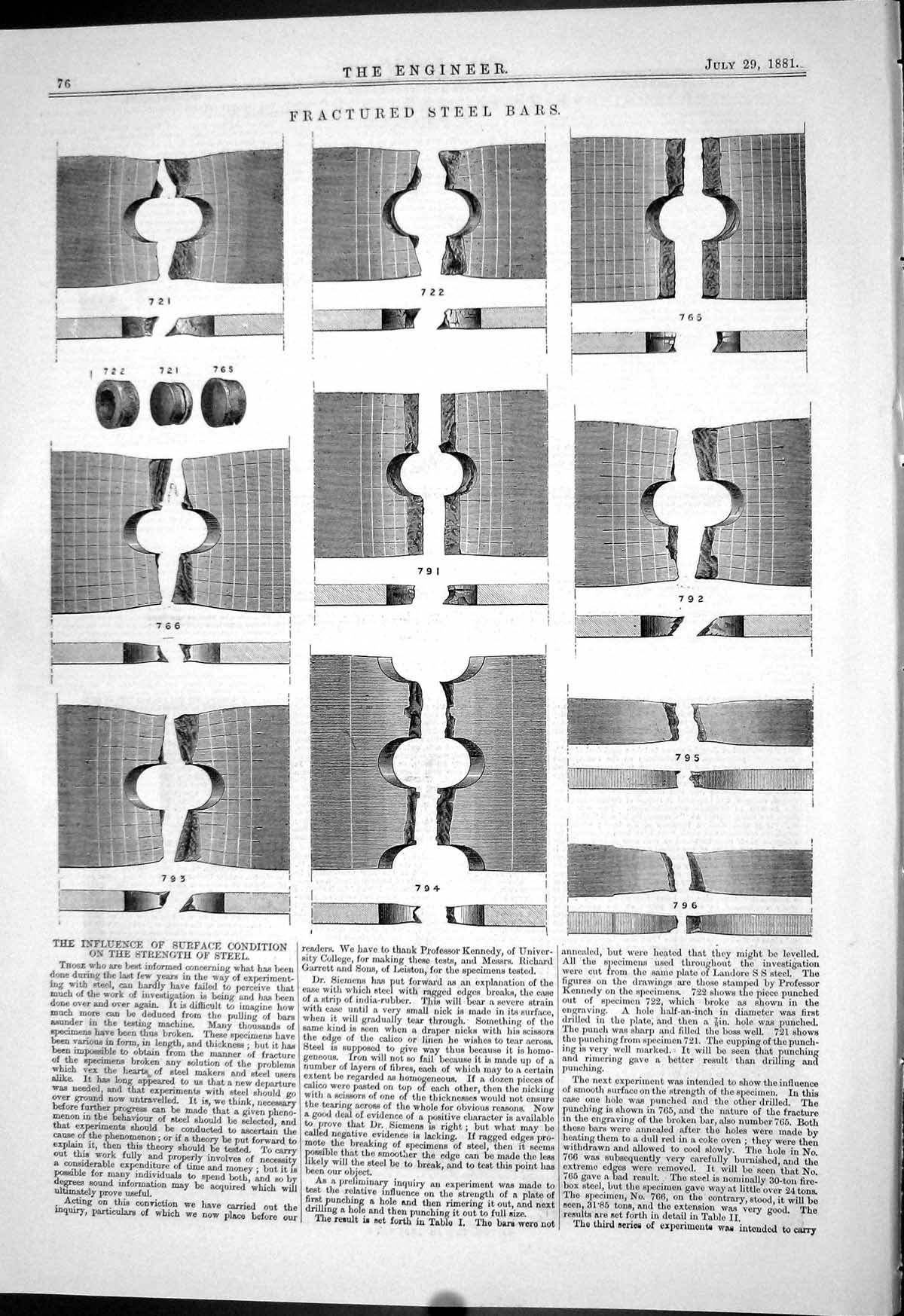 Antique Old Print 1881 Fractured Steel Bars Influence Surface Strength Steel