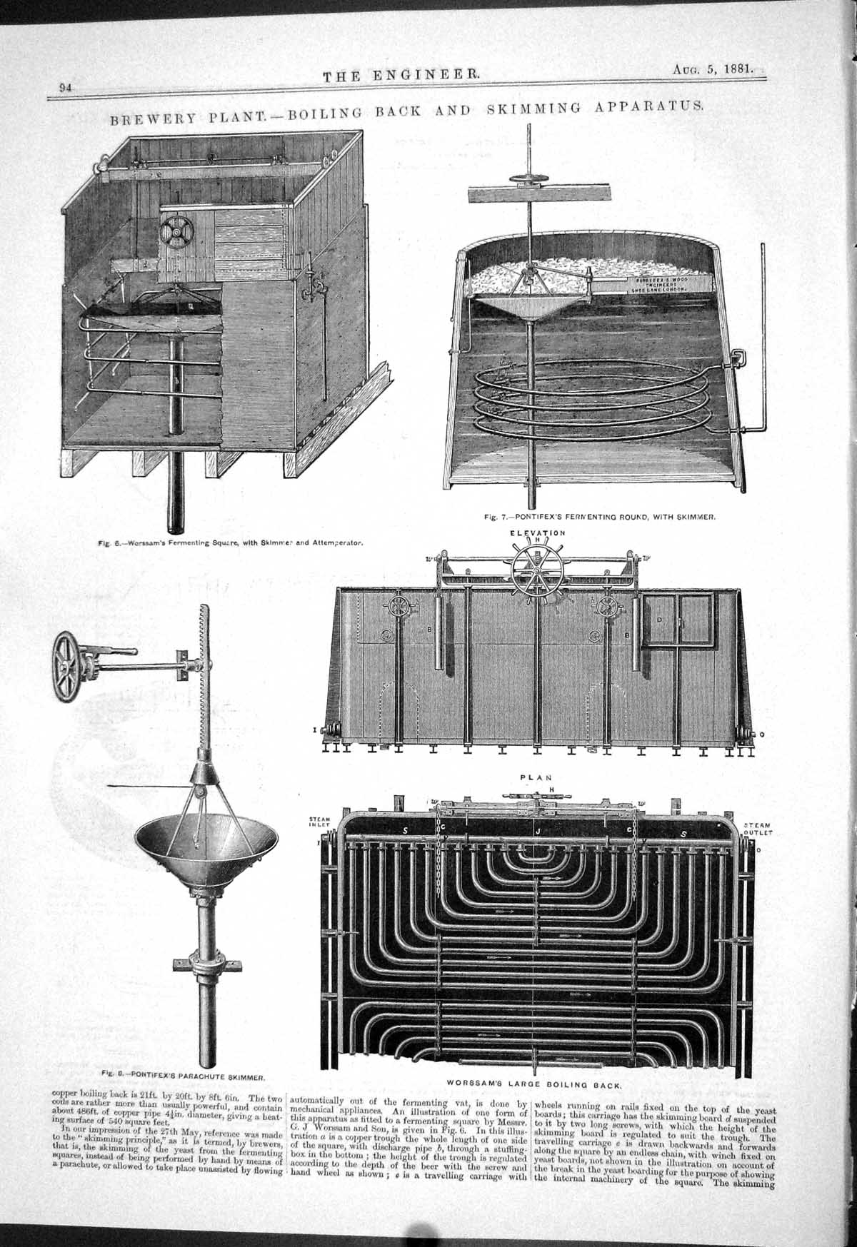 Antique Old Print 1881 Brewery Plant Boiling Back Skimming Apparatus Pontifex