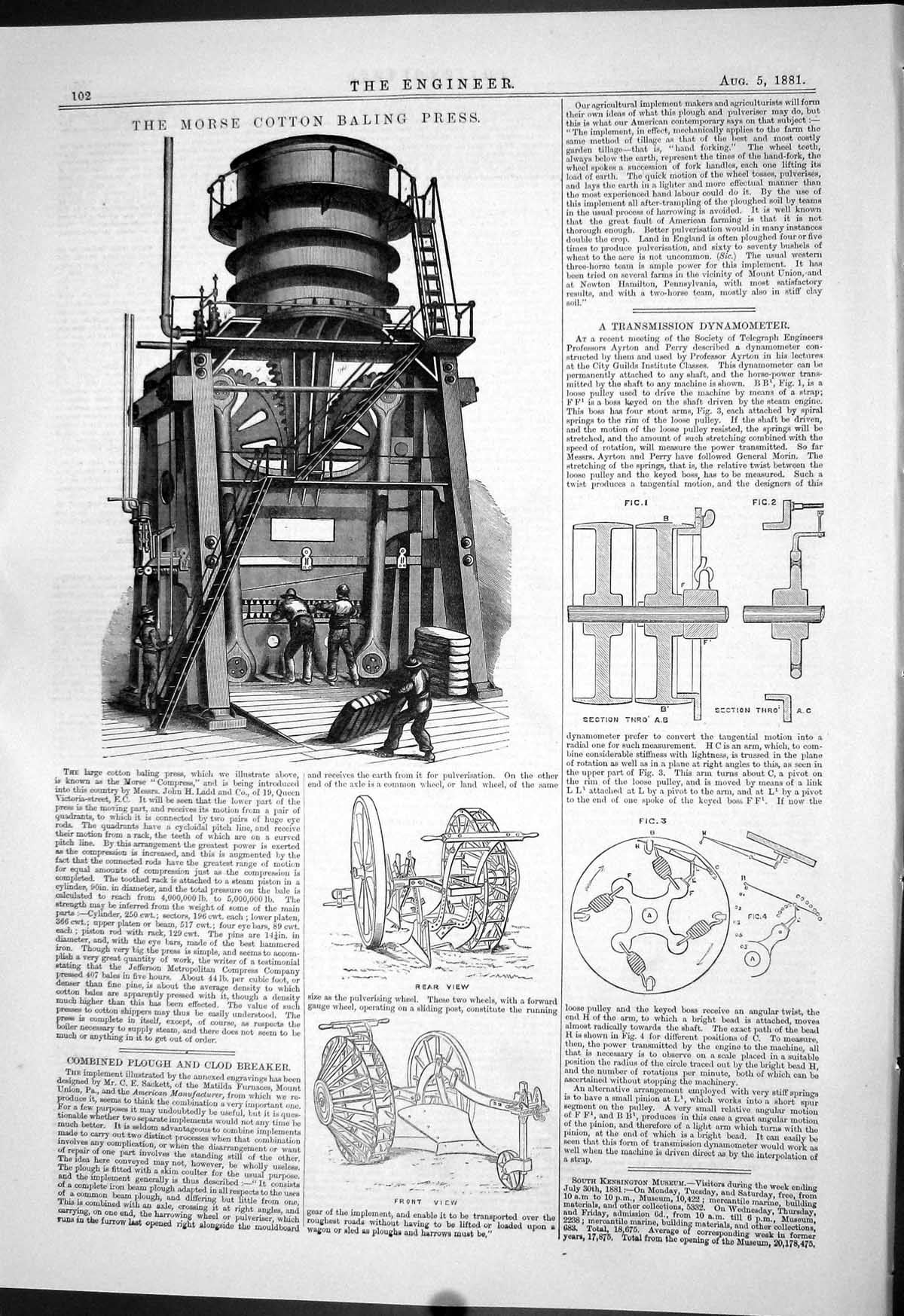 Old Print 1881 Morse Cotton Baling Press Plough Clod Breaker Dynamometer 19th