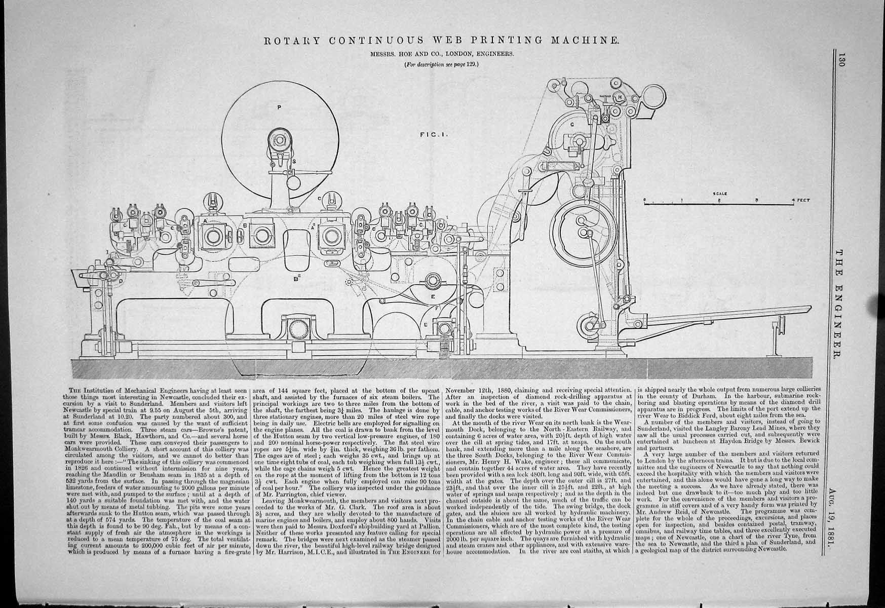 Old Engineering 1881 Rotary Continuous Web Ing Machine Hoe Machinery Victorian