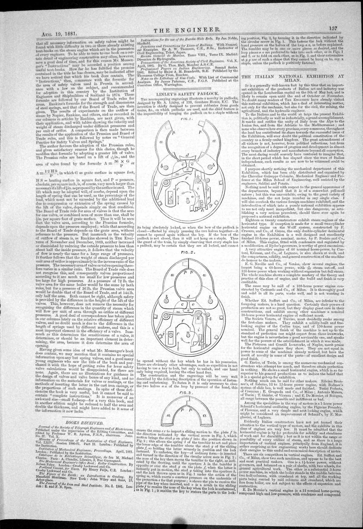 Antique Print 1881 Linley Safety Padlock Diagrams Ship Air Bag Application 19th