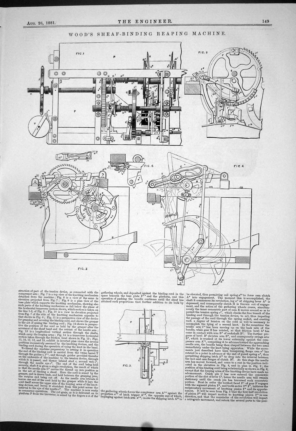 Old Engineering 1881 Wood Sheaf-Binding Reaping Machinery Instruments Victorian