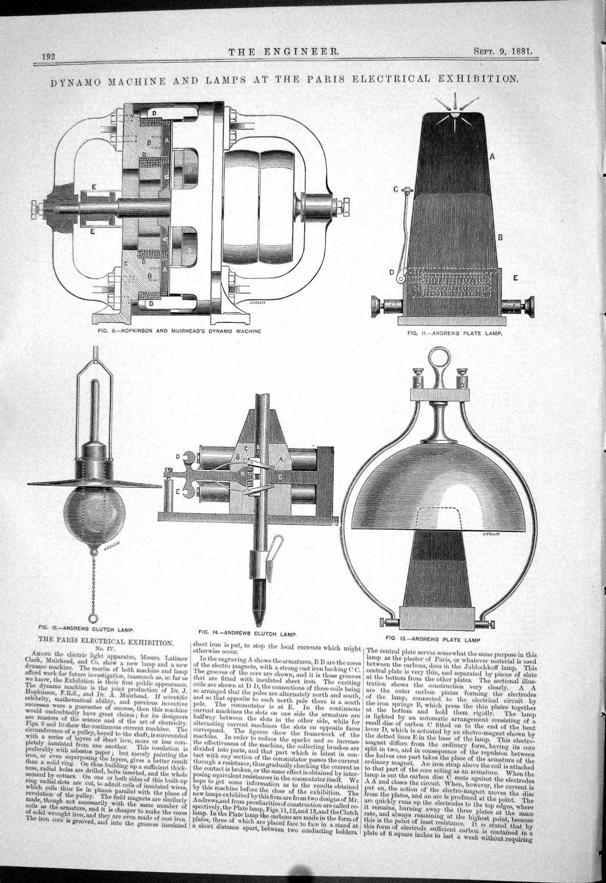 Antique Old Print 1881 Dynamo Machine Lamps Hopkinson Muirhead Andrews Clutch