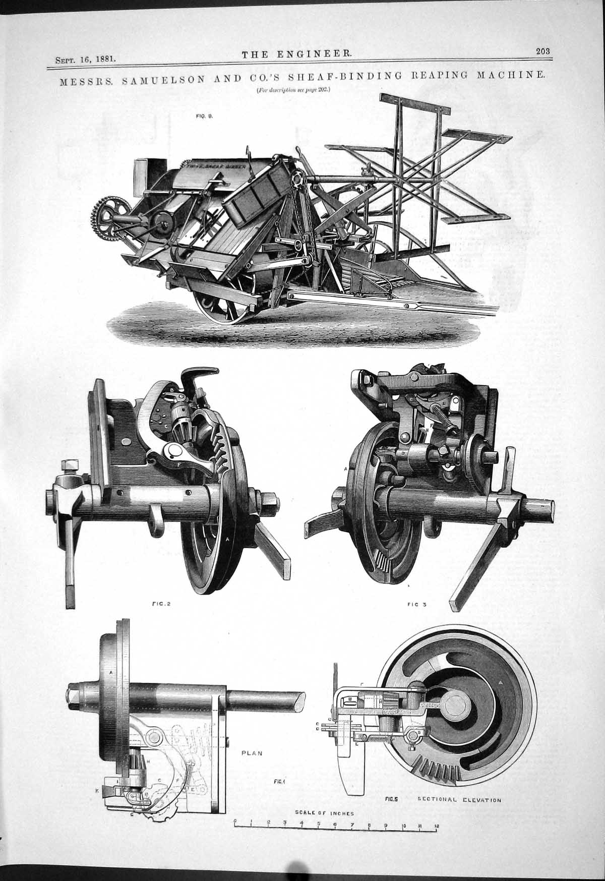 Old Engineering 1881 Samuelson Sheaf-Binding Reaping Machine Agricult Victorian